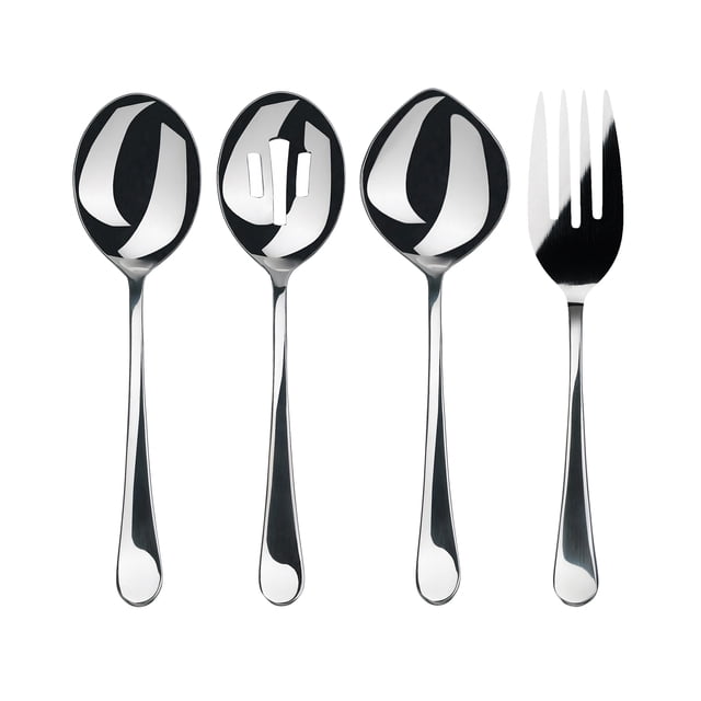 Windermere 4 Piece Serving Set 18/10 stainless steel serveware shown in a centered grouped front-facing view with serving spoon, slotted serving spoon, serving fork and casserole spoon; polished finish, smooth modern handles, noted for engineered balanced weight, often used for buffet service or plating at dinner parties.