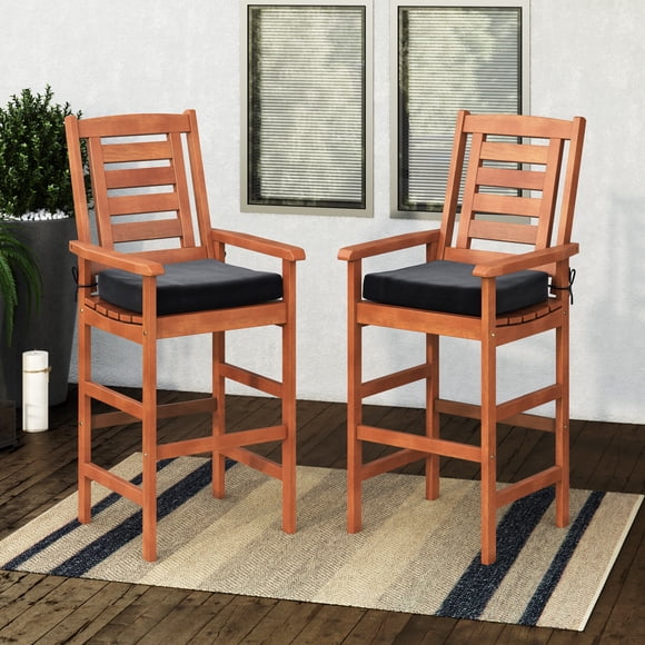 CorLiving Miramar Solid Wood Outdoor Bar Height Bar Stools with Slatted Backs, Armrests and Cushions, Brown/Black (Set of 2)