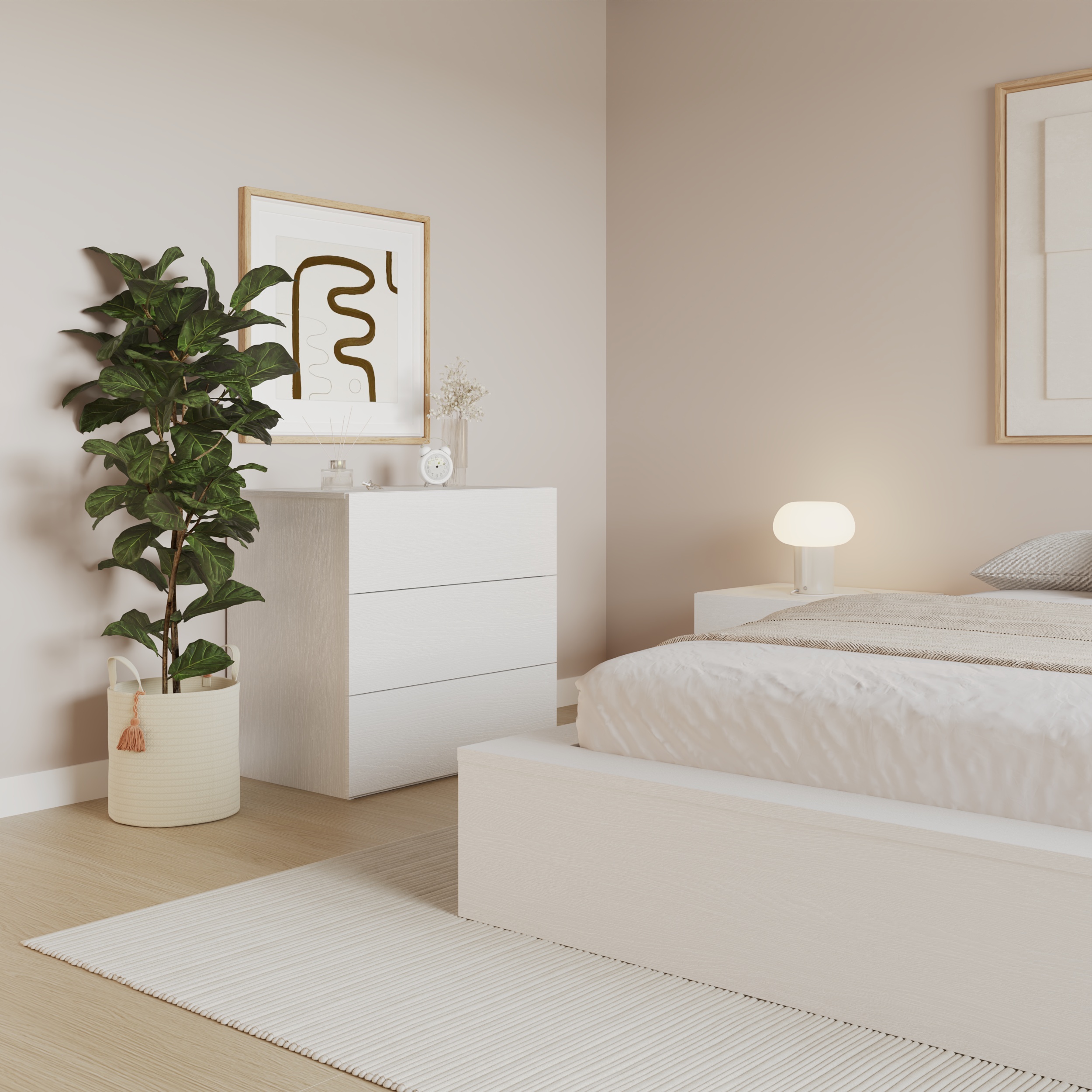 Commode moderne à 3 tiroirs Nexera James, Chêne blanc