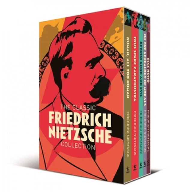 The Classic Friedrich Nietzsche Collection: 5-Volume Box Set Edition (Arcturus Classic Collections) featuring paperback editions of Nietzsche's works, including Human, All Too Human, Thus Spake Zarathustra, Beyond Good and Evil, On the Genealogy of Morals, and Ecce Homo. The books are presented in a decorative box with striking contemporary cover designs, showcasing a bold red and orange color scheme with an abstract portrait of Nietzsche.