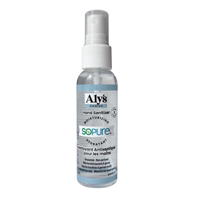 Aly’s Choice Sopure Hand Sanitizer with Moisturizers 59ml clear plastic spray bottle with white spray cap, unscented formula kills germs and bacteria with 80% plant-based ethyl alcohol, enriched with Vitamin E and kosher glycerin, travel size for convenient, non-sticky use.