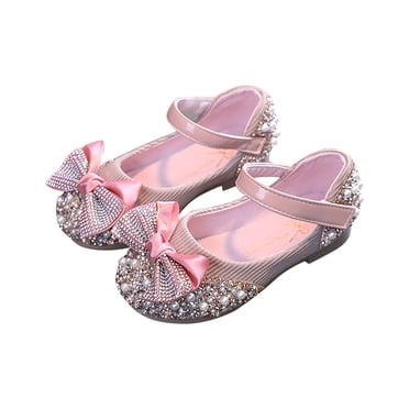 LOVZFMLL Chaussures de Fille Robe Mary Jane Chaussures de Princesse Ballerines pour Filles Paillettes Talons Bas Nœud Mariage Fête Chaussures pour Tout-Petit Enfant Rose 1-2 Ans