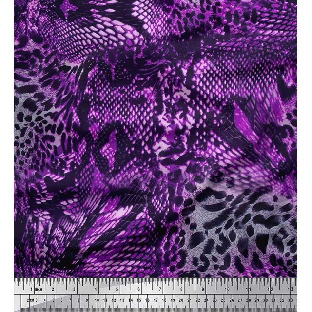 Soimoi Purple polyester Crepe Fabric Fish & Leopard Animal Skin Print Fabric by Yard 42 Inch Wide