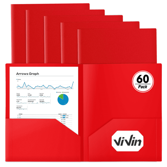 ViVin Sturdy Plastic Folder with 2 Pockets, 12 Pack, School Supplies,Red