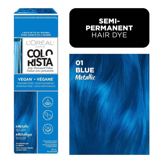 Oréal Paris Colorista L' Coloration Semi-Permanente pour Cheveux en 01 Bleu Métallique, Montrant la Boîte du Produit avec des Allégations Véganes, Sans Parabènes et Sans Ammoniaque, Accompagnée d'Un Éclat de Cheveux Bleu Métallique Vif, Idéal comme Teinture Capillaire Semi-Permanente sur Cheveux Blonds Clairs Ou Décolorés.