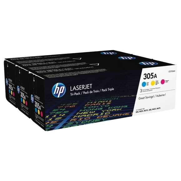 HP 305A (CF370AM) Ens. 3 cartouches de toner LaserJet cyan, magenta et jaune d’origine