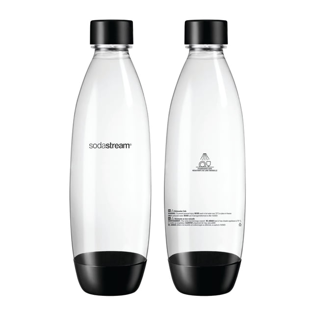 SodaStream 1L Fuse Black Bottles Twin Pack showing front and back views of slim reusable carbonating bottles with black caps and bases, clear bodies with SodaStream logo on front and dishwasher safe label on back, suitable for soda makers and reducing single-use plastic waste.