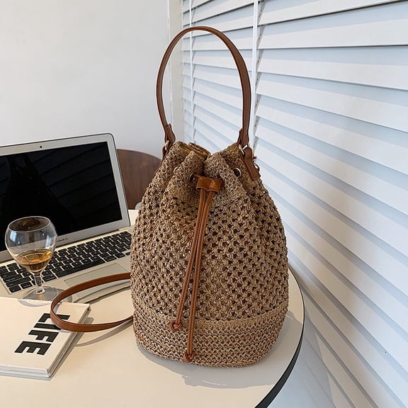 CHOK Woven Straw Bag Ladies Bucket Crossbody Bag Summer Beach Bag Retro Travel Shoulder Bags Small Travel Purse and Handbag For Women beige 28x14x30cm