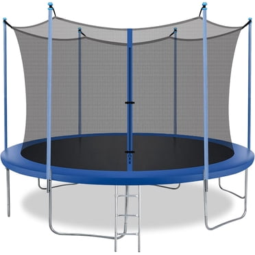 FDW Trampoline Extérieur de 12 Pieds avec Filet d'Enceinte, Échelle et Housse de Ressort en PVC pour Jeu de Mise en Forme Sécuritaire pour Enfants, Bleu