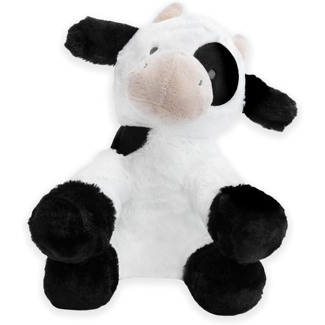 Kids Preferred Carter's Cow Waggy - Musical Plush Stuffed Animal, front-facing white and black cow plush with beige snout, black ears and paws, plays 'Hey Diddle Diddle' lullaby when wound clockwise, ideal for babies and toddlers as a cuddly toy, nursery decor, and soothing companion.