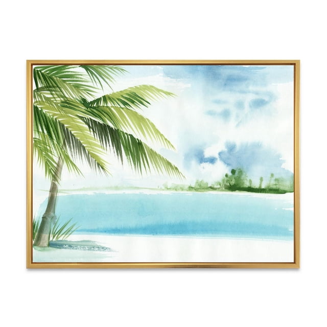 Designart Villégiature de Palm Beach à l'Aube I Cadre Flottant ART Mural Représentant une Scène Côtière en Aquarelle avec des Feuilles de Palmier Vertes à Gauche, un Océan Bleu et un Ciel Nuageux, Imprimé sur Toile de Coton de Qualité Supérieure avec des Encres Résistantes à la Décoloration, Enveloppé pour Galerie et Ensemble dans un Cadre Flottant en Bois Clair, Prêt à Accrocher et Adapté à un décor à Thème Nautique.
