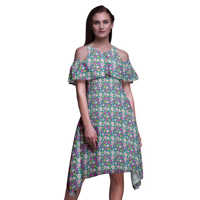 Bimba Robe Droite Évasée à Épaules Dénudées pour Femmes, Imprimé Feuilles Vertes, Volantée à l'Avant - XXX-Large