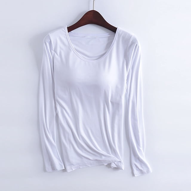 RKSTN Pyjama pour Femmes Mode Couleur Unie Col Ras du Cou Léger avec Soutien-Gorge Rembourré Intégré Manches Longues Tenue de Nuit Confortable Automne Mode Hiver Décontracté une Pièce Haut de Nuit