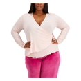 thumbnail image 1 of REBELLIOUS ONE Womens Pink Stretch Tie Ribbed Scalloped Long Sleeve Surplice Neckline Wrap Sweater Plus 3X, 1 of 3