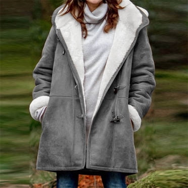 lcziwo Manteaux d'Hiver pour Femmes Grande Taille2024 Chauds Vestes Doublées en Molleton Sherpa à Capuche avec Boucles Corne Parka Caban en Faux Suède Vêtements d'Extérieur Gris, TG