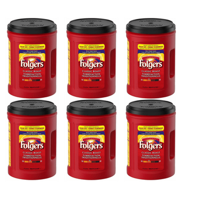 Folgers Classic Roast Ground Coffee, 1.21 kg (6/Case). A set of six red containers with black lids, each labeled with the Folgers logo and 'Classic Roast' text. The coffee is medium roast with a smooth, balanced taste, made from 100% pure coffee. Each container holds 1.36 kg of ground coffee.