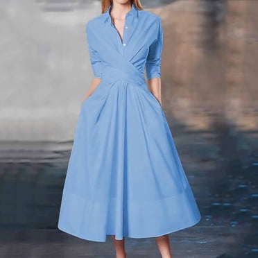 Styesk Robes pour Femmes Robe d'Été pour Femmes Mode Couleur Unie Bouton Lien Pli Poche Manches Longues Col Rabattu