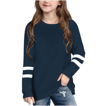 Yanlir Chemises Décontractées à Rayures pour Enfants Garçons Filles T-shirt à Imprimé Mignon Mode Ample Col Rond Imprimé Manches Longues Hauts Col O 3-14 Ans (Marine, 11 Ans)