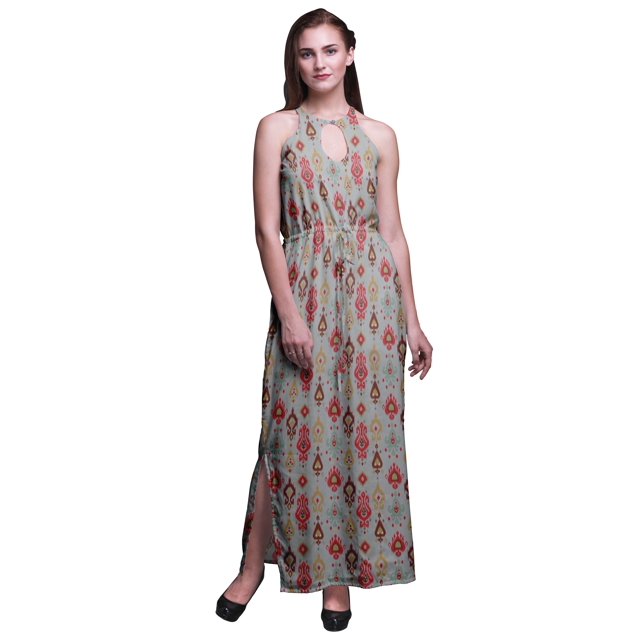 Bimba Ikat Robe Longue de Soirée pour Femmes à Imprimé, Col Ras du Cou, Fentes Latérales, Dos Nu - Petit