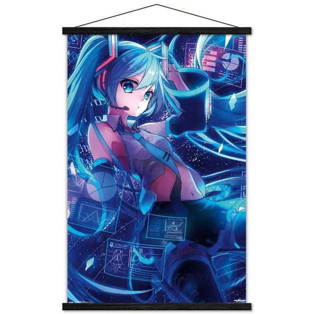 Hatsune Miku - Affiche Murale d'Écrans, 22,375 Po x 34 Po Présentant une illustration de Style Anime d'Hatsune Miku avec des Queues Jumelles turquoise et une Tenue Futuriste, Entourée d'Écrans Numériques Lumineux et de Graphiques de Données sur un Fond Cosmique Bleu Foncé. Convient pour Décorer des Chambres, des Bureaux Ou des Résidences Étudiantes.