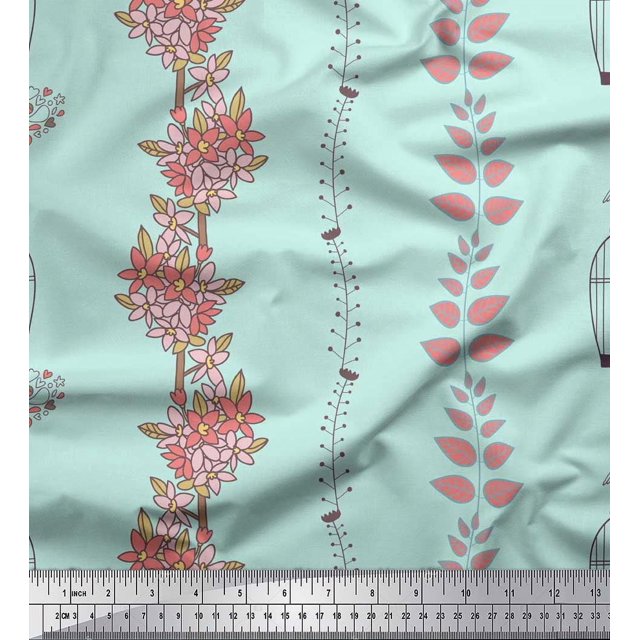Soimoi Georgette Viscose Fabric Bird,Cage & Floral Artistic Decor Fabric Printed Yard 42 Inch Wide