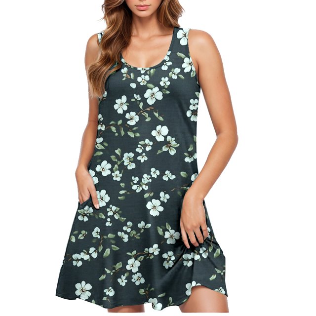 Ovzne Robes d'Été pour Femmes 2025 Robe de Plage Robe Décontractée pour Femme Dégradé Sans Manches Col Ras du Cou Robe à Imprimé Robe pour Femmes Imprimée Liquidation