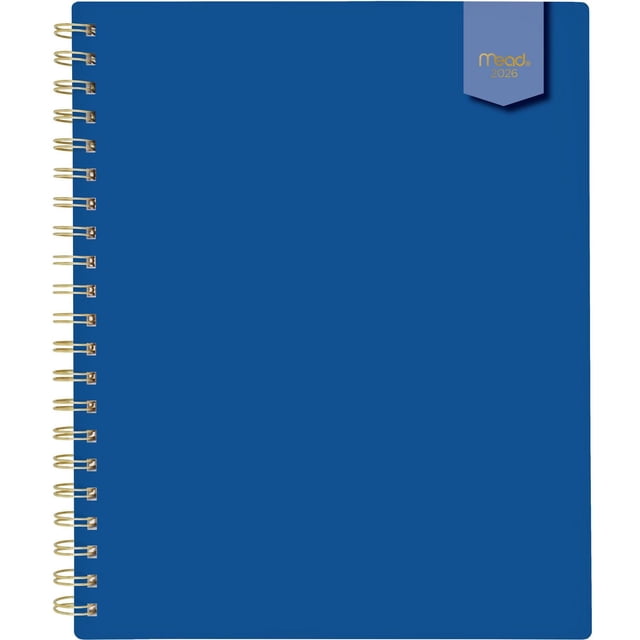 2026 Mead® Galactic Blue Large Weekly Planner with a solid cobalt blue durable poly cover and twin gold coil binding that resists snagging and lays flat, featuring the Mead logo and year 2026 in gold foil on a blue ribbon tab at the top right corner, ideal for organized weekly and monthly planning.