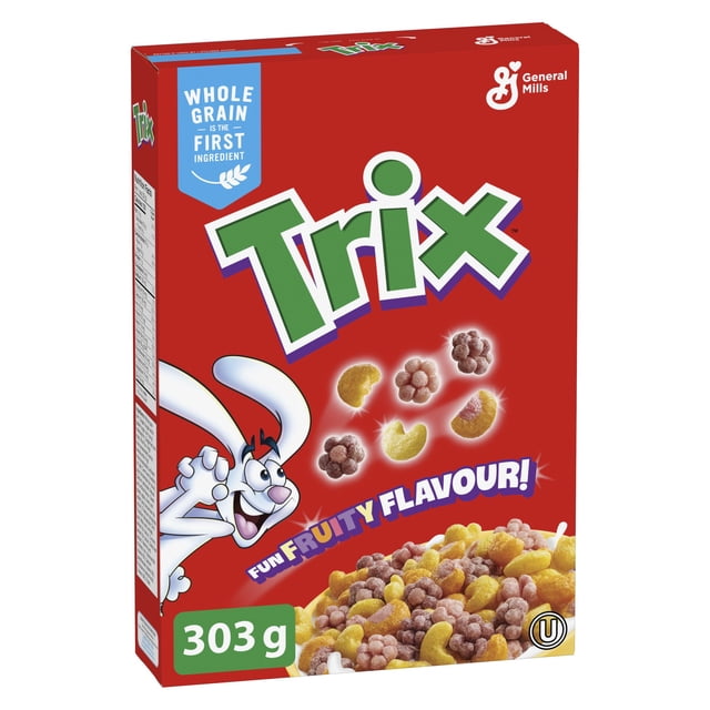 General Mills Trix Cereal Fruity Shapes front-facing 303 g box with Trix branding showing multicolored fruit-shaped cereal pieces; packaging notes whole grains and fruity flavors, pictured beside a bowl of cereal with milk and suggested use as a snack ingredient suitable for trail mix or cereal-and-marshmallow bars.