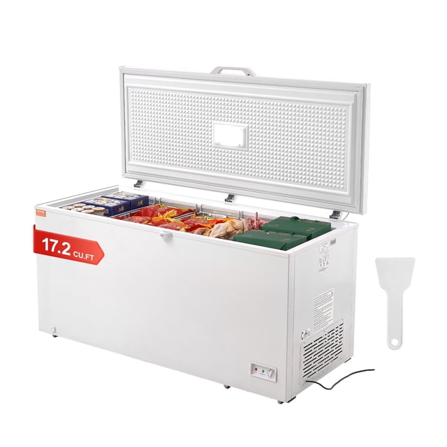 VEVOR Chest Freezer with a 17.2 cu.ft (488 L) capacity, featuring a white exterior and an open top lid displaying organized food items in 4 removable baskets. Includes a temperature control knob, power indicator lights, and smooth-rolling casters for mobility. Energy-efficient design with adjustable temperature settings, suitable for kitchens, restaurants, and bars.