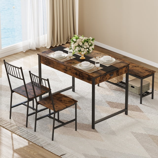 Space-Saving Dining Table Set for 4 – Rectangular Kitchen Table with 2 Chairs, 1 Bench, Double-Sided Storage Drawers & Rack – Farmhouse Breakfast Nook Furniture for Dining Room or Kitchen