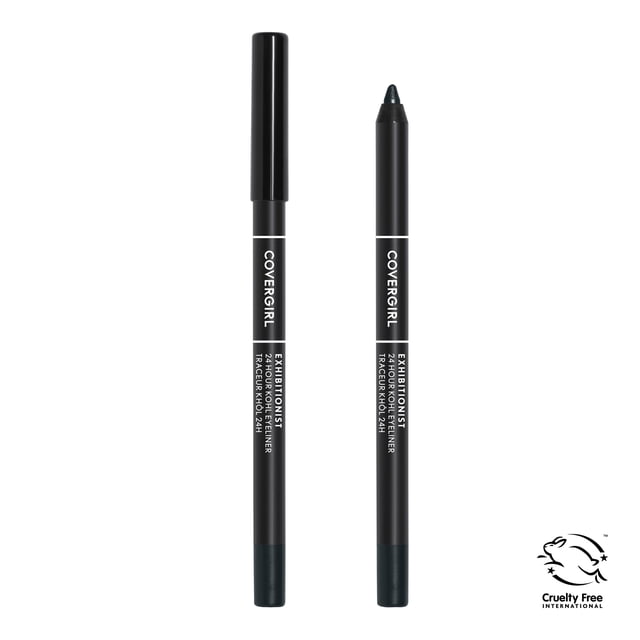 COVERGIRL Exhibitionist 24 HR Kohl Eyeliner with one pencil capped and one uncapped showing a dark gel tip, black barrel with white branding and dark teal base, cruelty-free certified, waterproof formula for precise, long-lasting eye definition suitable for creating classic or smoky looks.