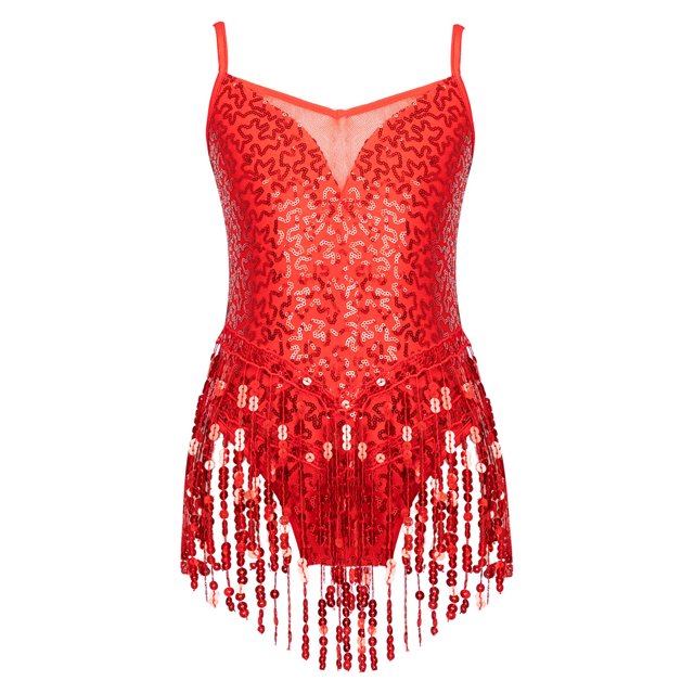 TSSOE Robe de Danse Latine à Franges et Sequins pour Filles Justaucorps Patinage Artistique Tango Rumba Samba Costume de Danse Rouge 8