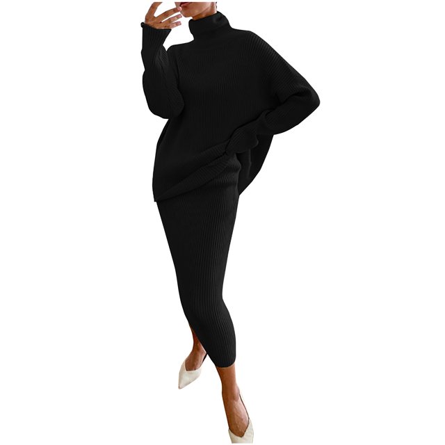KIHOUT Womens 2 Piece Outfits Solid Color Long Sleeve Loose High Neck Sweater Tops and Skirt Lounge Set