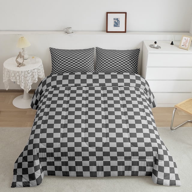 Erosebridal Checkered Gingham Bedding Sets Toddler with Comforter, Grey Duvet Insert, Rectangle Geometry Decor, 2-Piece
