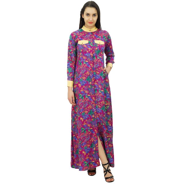Bimba Robe Maxi d'Hiver à Col Mandarin pour Femme, Boutonnée, Jilbab avec Poches