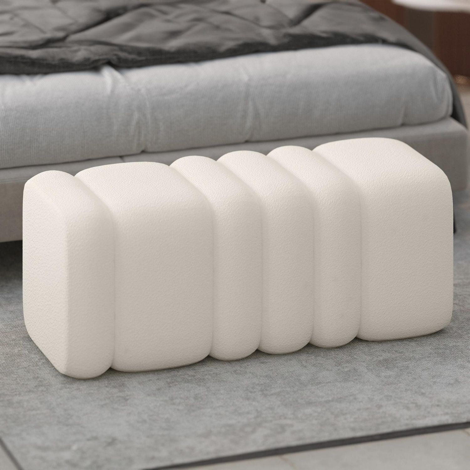 Contemporary Boucle Fabric Large Ottoman Bench - Ivory