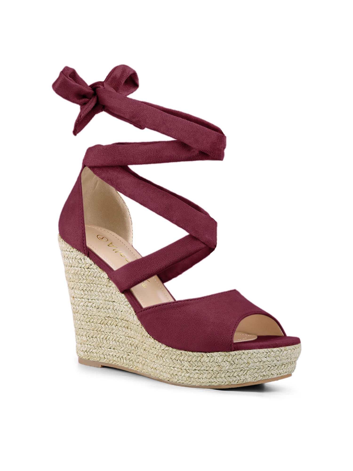 BLISSFUL STEP Women's Shoes Lace Up Espadrilles Platform Wedge Sandals Burgundy 10
