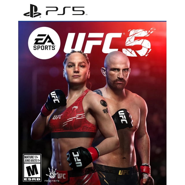 EA SPORTS UFC 5 (PlayStation 5) cover art featuring two UFC fighters in fighting stances wearing UFC gloves and athletic gear, set against a red and blue gradient background with EA SPORTS and UFC 5 logos, representing the realistic mixed martial arts game.