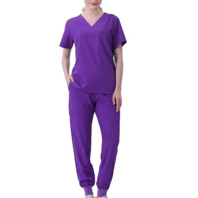 Pisexur Plus Size Scrub Set for Women - Slim Solid Color V-Neck Scrub Top & Skinny Cargo Scrub Pants With Pockets