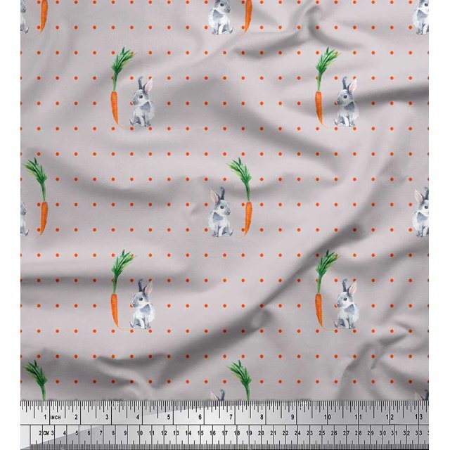 Soimoi Gray Heavy Canvas Fabric Carrot & Rabbit Dots Printed Craft Fabric by the Yard 58 Inch Wide