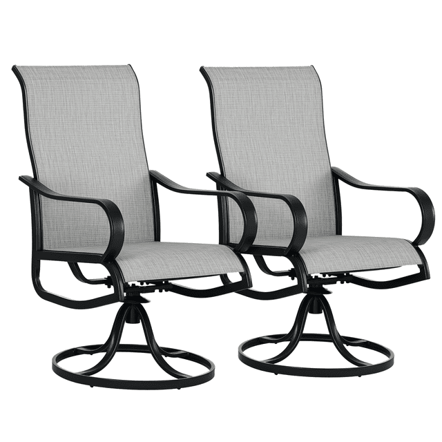 Outsunny Patio Swivel Chairs with mesh fabric seats in dark grey, shown as a two-piece set. Each chair features a powder-coated metal frame, breathable mesh fabric, and a bow-shaped base for ergonomic support. The chairs offer 360° swivel and rocking functionality, making them suitable for outdoor spaces like gardens, patios, and balconies, or as a stylish addition to a nursery for gentle rocking motion.