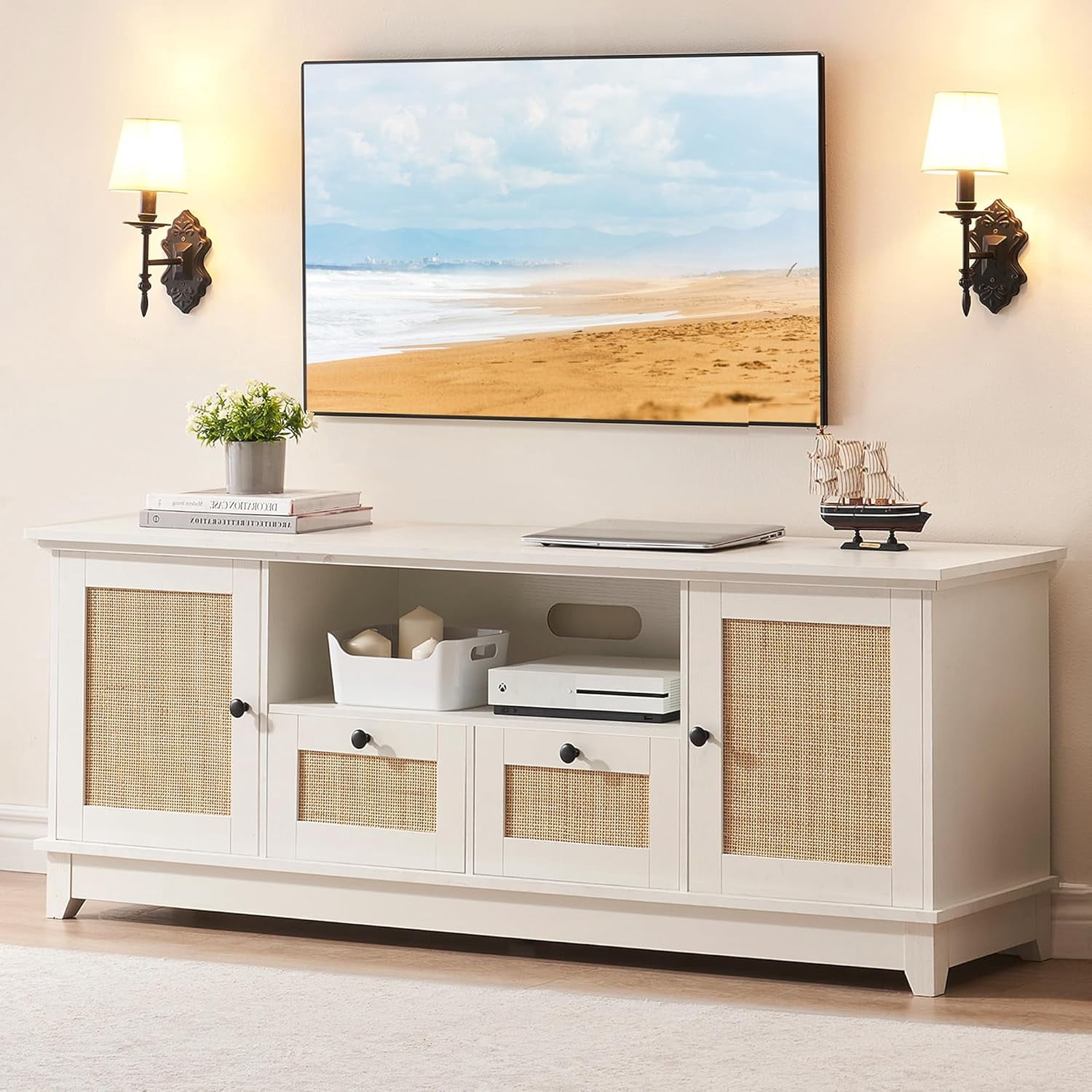 Ourlova TV Stand for 65+ Inch TV Rattan Entertainment Center TV Media Console Table Modern TV Stand with Storage and Drawer TV Console Cabinet Furniture for Living Room - White