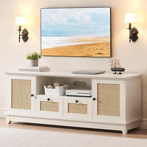 Ourlova TV Stand for 65+ Inch TV Rattan Entertainment Center TV Media Console Table Modern TV Stand with Storage and Drawer TV Console Cabinet Furniture for Living Room - White