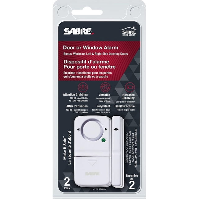 Sabre Window or Door Window Alarm - 2pk front-facing view of two compact rectangular sensor-and-magnet pairs with SABRE name; wireless door/window contact sensors with self-adhesive pads, low-battery indicator, 500 feet (150 m) range, no wiring, require 2 AAA batteries (not included). Often used as a simple tamper alert for toolboxes or storage bins.