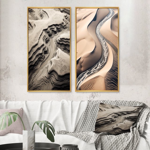 Designart "Desert Oasis Rivers among Eternal Dunes I" Desert Framed Wall Art Set Of 2 - Global White Framed Canvas Set For Living Room Decor