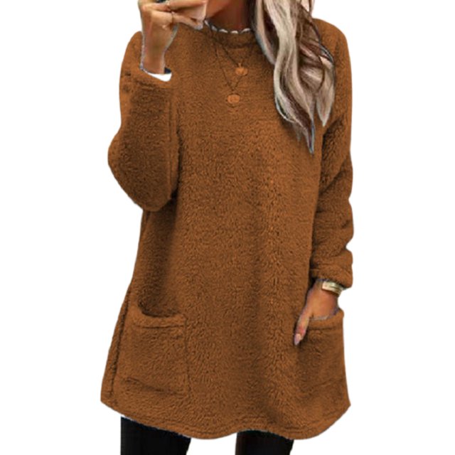 LUXUR Women Fuzzy Fleece T Shirt Loose Work Tops Caramel L