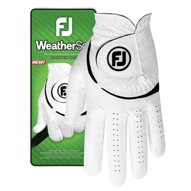 FootJoy WeatherSof Golf Glove Men's RH M/L white golf glove with perforated fingers and black accent lines, featuring a Velcro cuff with the FJ logo, shown against green WeatherSof packaging, designed for all-weather grip performance and durability.