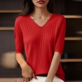 thumbnail image 2 of Womens Short Sleeve V Neck T Shirt 2025 Summer Ribbed Knit Slim Fit Basic Solid Color Tee Tops Fashion Clothes, 2 of 3