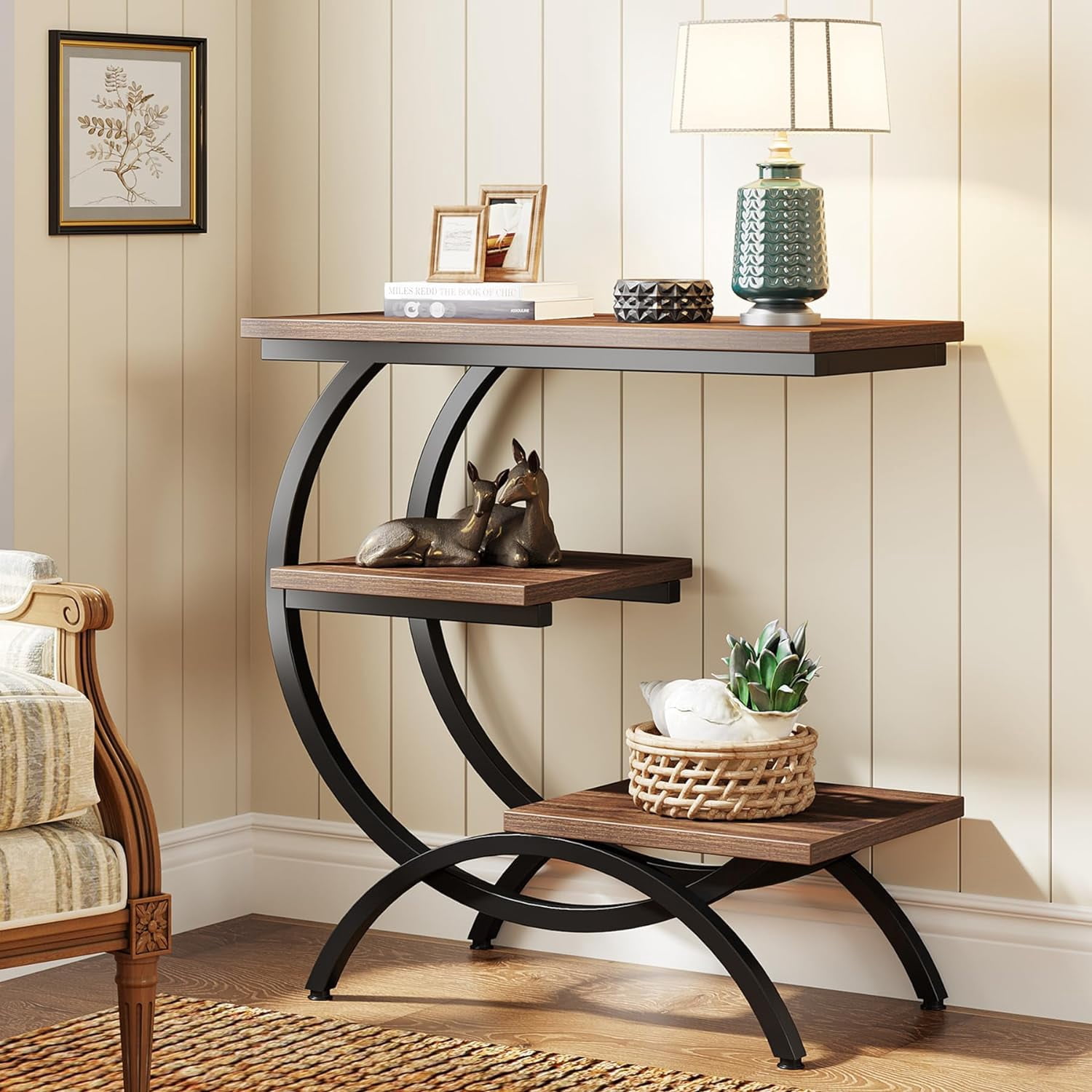 Tribesigns C-Shaped End Table, Industrial 3-Tier Small Side Table Bedside Table for Living Room, Rustic Brown