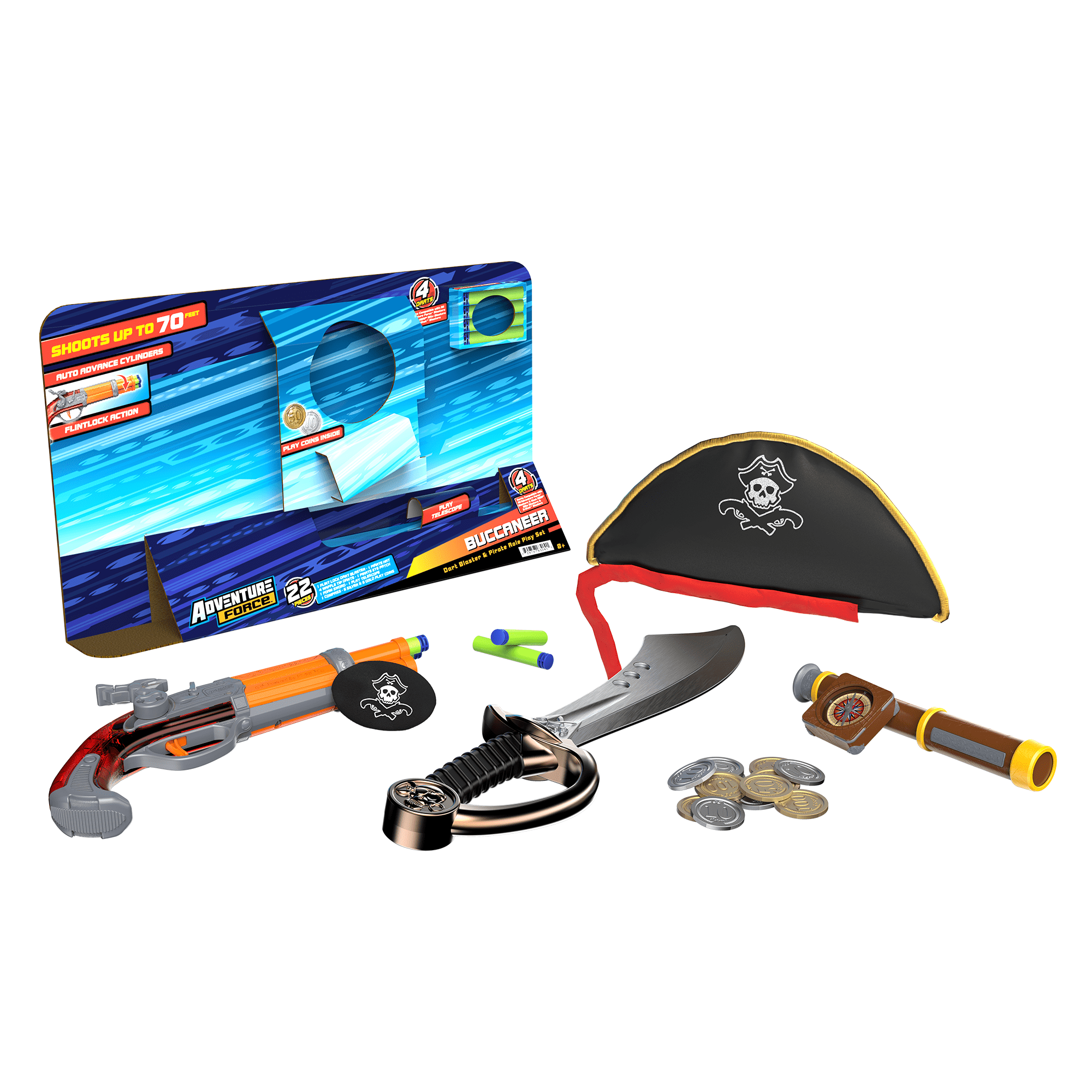 Adventure Force Pirate Roleplay Set – Ensemble de jeu de rôle Pirate Buccaneer avec lanceur de fléchettes, ensemble de 12 pièces
